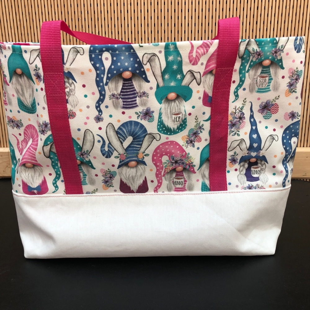 Easter Bunny Gnome Tote Bag Spring Handmade Zipper Pink Polka Dots Cotton Canvas